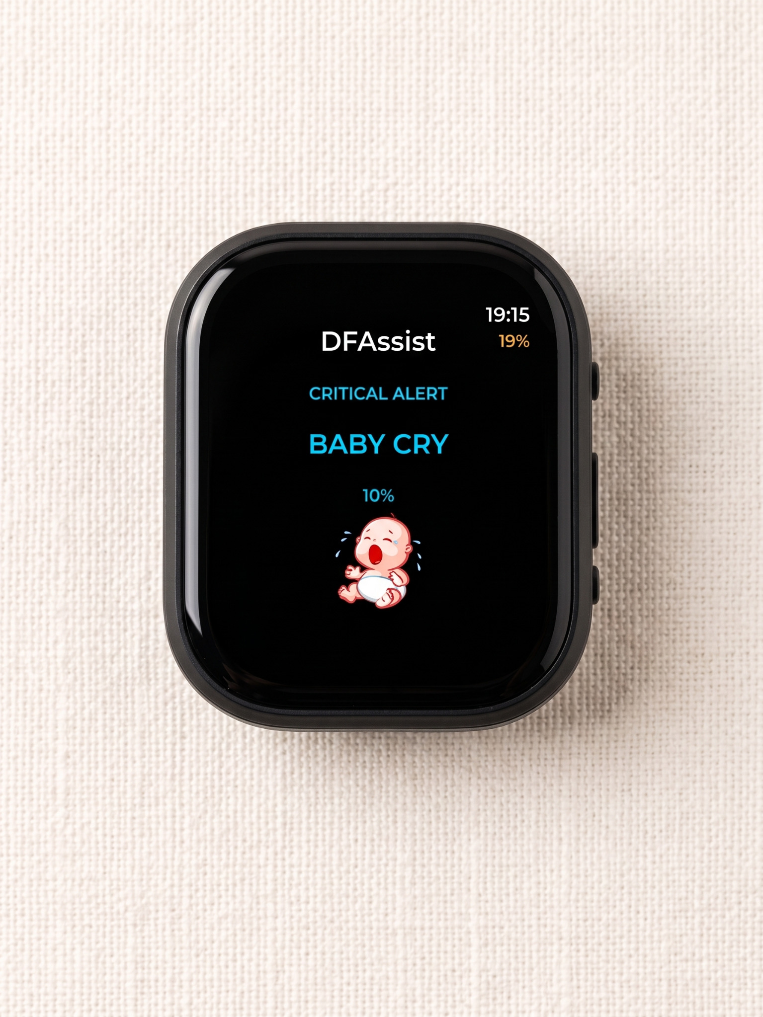 Concept visual of the DFAssist watch showing a baby cry alert
